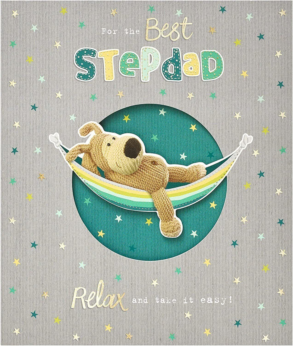 UK Greetings Boofle best stepdad birthday card featuring colorful illustrations and cheerful design for special occasions.