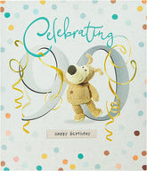 UK Greetings Boofle birthday card celebrating 90th birthday with colorful cartoon character illustration.