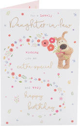 UK Greetings Boofle birthday card for daughter-in-law, featuring a cute design with colorful illustrations and cheerful message.