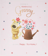 UK Greetings Boofle birthday card for Granny with watering flowers design and envelope, featuring a cute, colorful greeting card image.