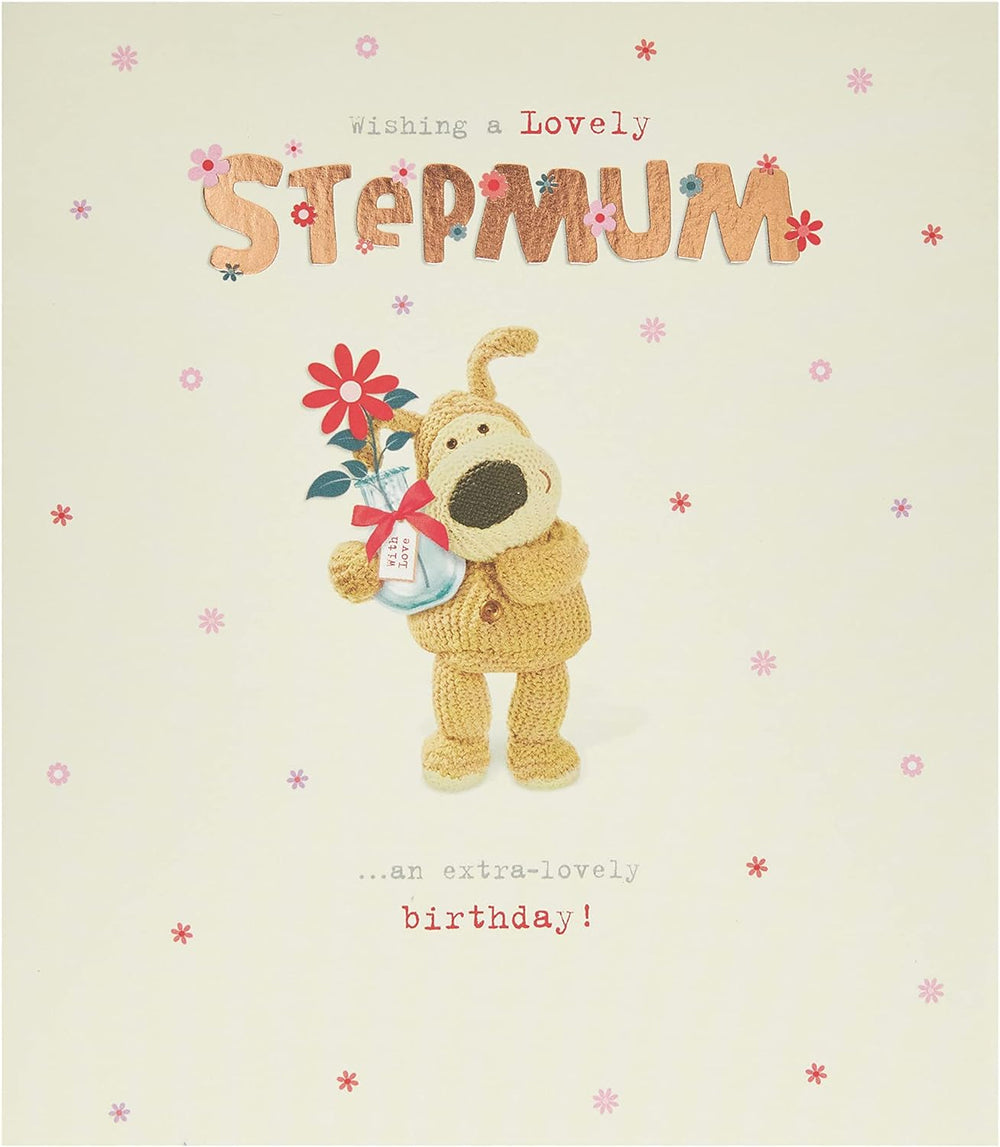 UK Greetings Boofle birthday greeting card for step mum featuring a cute Boofle holding a vase with flowers, with an envelope.