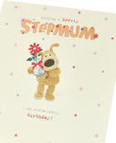 UK Greetings Boofle birthday greeting card for step mum with envelope, featuring a cute Boofle illustration with a vase and flowers.