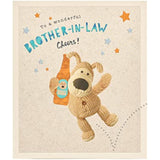 UK Greetings Boofle brother-in-law birthday card with embossed design, featuring colorful Boofle illustration and festive details.