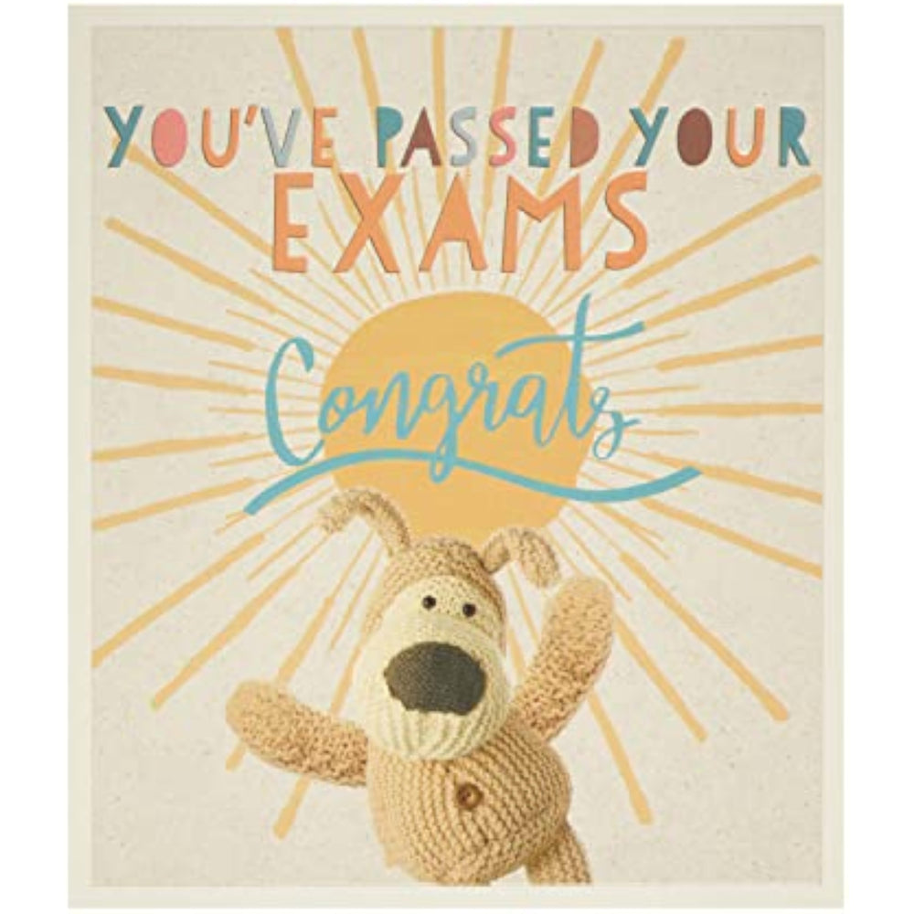 UK Greetings Boofle congratulation greeting card for passing exams, featuring colorful Boofle character design and cheerful message.