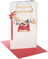 UK Greetings Boofle Christmas greeting card featuring a cute cuddly illustration of a daughter and her boyfriend.