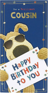 UK Greetings Boofle birthday greeting card featuring colorful illustrations for a cousin’s special day.