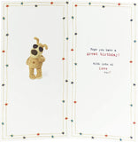 UK Greetings Boofle cousin birthday greeting card featuring colorful illustrations of Boofle with cheerful birthday message.