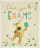 UK Greetings Boofle Good Luck Exams card featuring a cute Boofle character with supportive message for students.