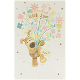 UK Greetings Boofle holding flowers birthday card, colorful greeting card with cute character and floral design.