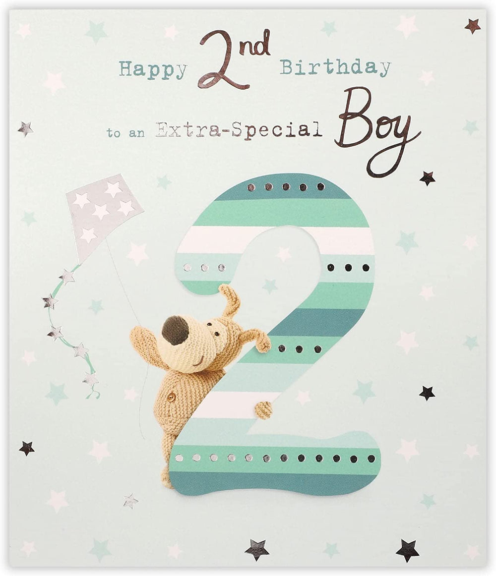 UK Greetings Boofle holding kite number 2 birthday card, colorful greeting card featuring a cute cartoon dog with a kite.