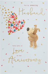UK Greetings Boofle husband anniversary greeting card with colorful illustrations and heartfelt message for special occasions.