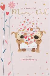 UK Greetings Boofle Mum & Dad anniversary greeting card with colorful floral design and affectionate message for special occasions.