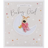 UK Greetings Boofle new baby girl greeting card for friend or couple with a cute, colorful design and adorable Boofle character.