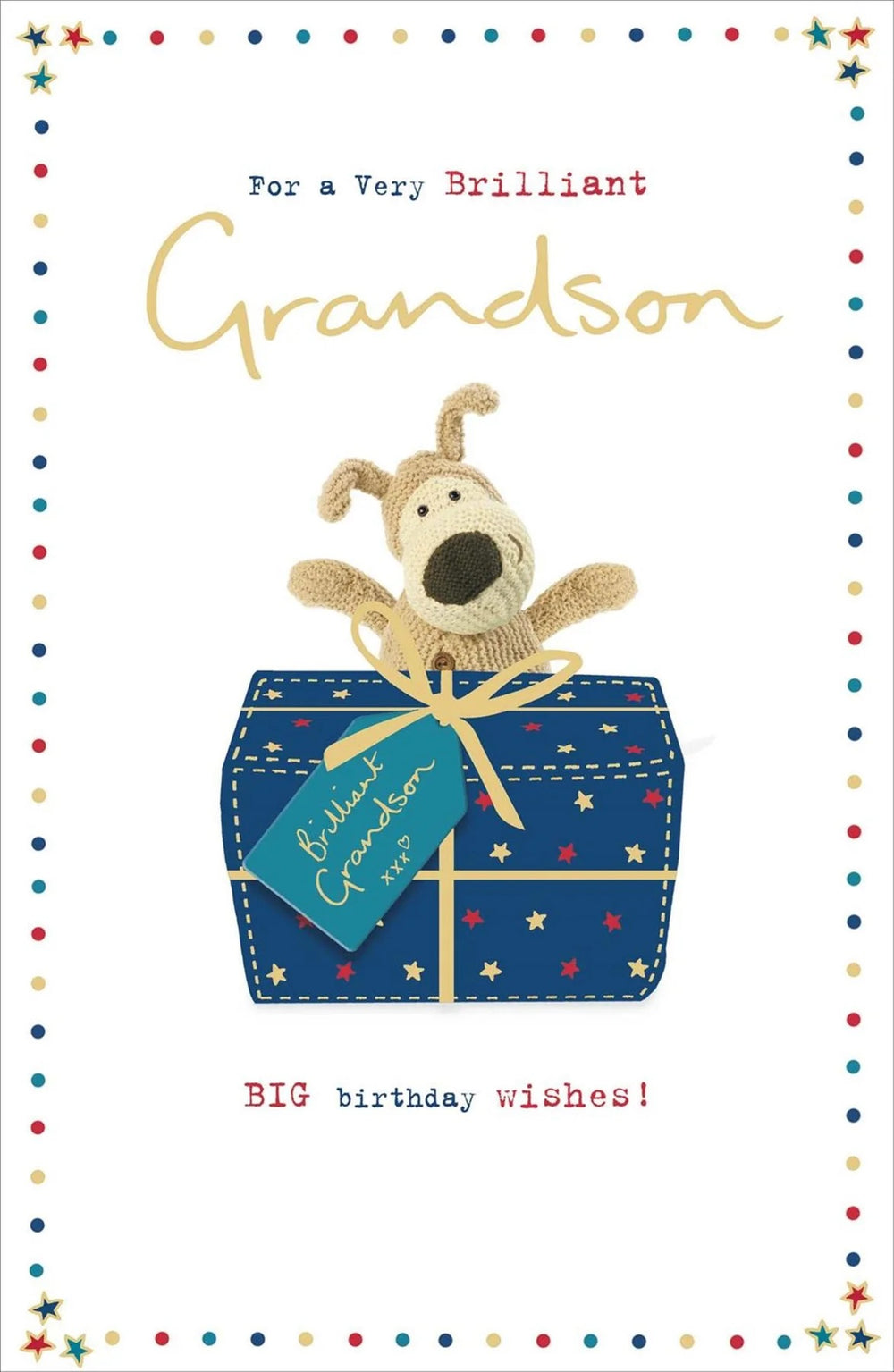 UK Greetings Boofle present design grandson birthday card with colorful illustration and cheerful message for special occasions