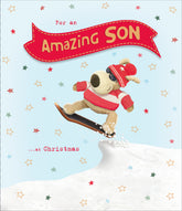 UK Greetings Boofle Snowboarding Christmas card featuring Boofle on a snowboard, perfect for sending holiday wishes to your son.