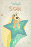 UK Greetings Boofle standing on star birthday card for son, featuring colorful design and cheerful illustration for special occasions.