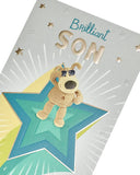 UK Greetings Boofle standing on star birthday card featuring a cute character, ideal for celebrating sons on special occasions.
