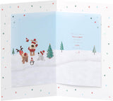 UK Greetings Boofle Christmas greeting card featuring Boofle holding a flag with animal friends and festive holiday design.