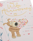 UK Greetings Boofle wife anniversary greeting card featuring colorful floral design and adorable Boofle character.