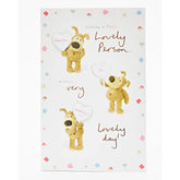UK Greetings Boofle birthday greeting card featuring colorful illustrations of Boofle and cheerful message for a lovely person.