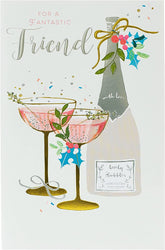 UK Greetings Bottle of Bubbly Friend greeting card featuring festive bubbles and cheerful design for celebrating friends.