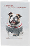 UK Greetings Bulldog in Christmas Jumper greeting card, festive brother Christmas card featuring a cute bulldog in a holiday sweater.