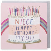 UK Greetings Cake Design Niece Birthday Card featuring colorful cake illustrations and festive birthday message.