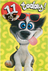 UK Greetings cartoon dog design 11th birthday card featuring a cute dog illustration with a badge, perfect for celebrating a special occasion.