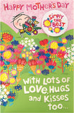 UK Greetings cartoon Mother's Day card featuring colorful illustrations and an included badge, perfect for celebrating moms.