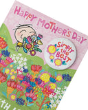 UK Greetings cartoon Mother's Day card with colorful illustration and included badge, perfect for celebrating moms.