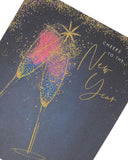 UK Greetings Cheers to the New Year greeting card featuring a champagne design, ideal for celebrating the occasion.