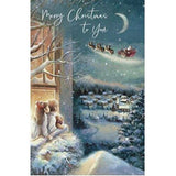 UK Greetings Christmas card featuring children watching Santa from a window, festive holiday greeting card design.