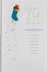 UK Greetings Christmas card for dad featuring a blue stocking design, showcasing festive holiday greeting card imagery.