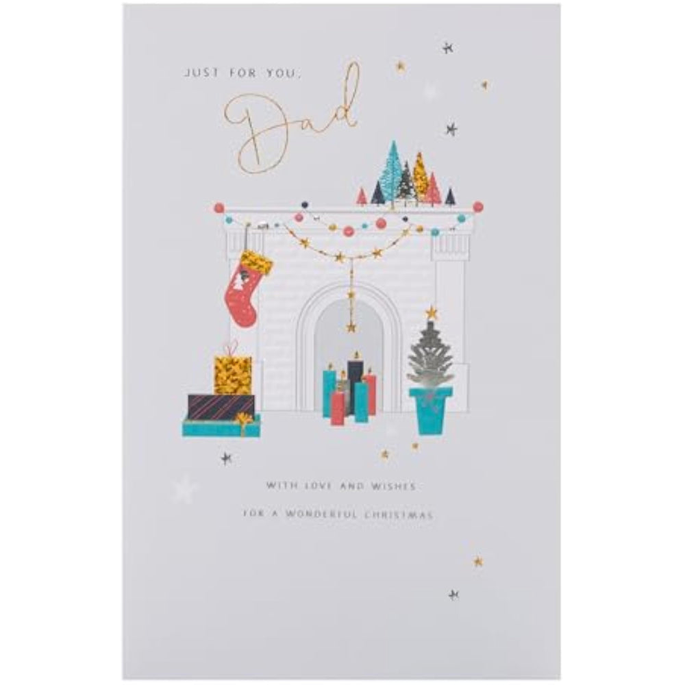 UK Greetings Christmas Card for Dad featuring a decorated fireplace design, colorful holiday scene, 149x229 mm greeting card.