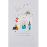 UK Greetings Christmas Card for Dad featuring a decorated fireplace design, colorful holiday scene, 149x229 mm greeting card.