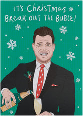 UK Greetings Christmas card for him, her, or friend featuring the Break Out the Bubl design, with festive holiday imagery.