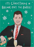 UK Greetings Christmas card for him, her, or friend featuring the Break Out the Bubl design, with festive holiday imagery.