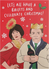 UK Greetings Christmas card featuring Nessa and Bryn design, suitable for him, her, or friends, with festive holiday imagery.