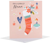 UK Greetings Christmas card for Nana featuring a lovely pink design with festive holiday imagery and cheerful greetings.