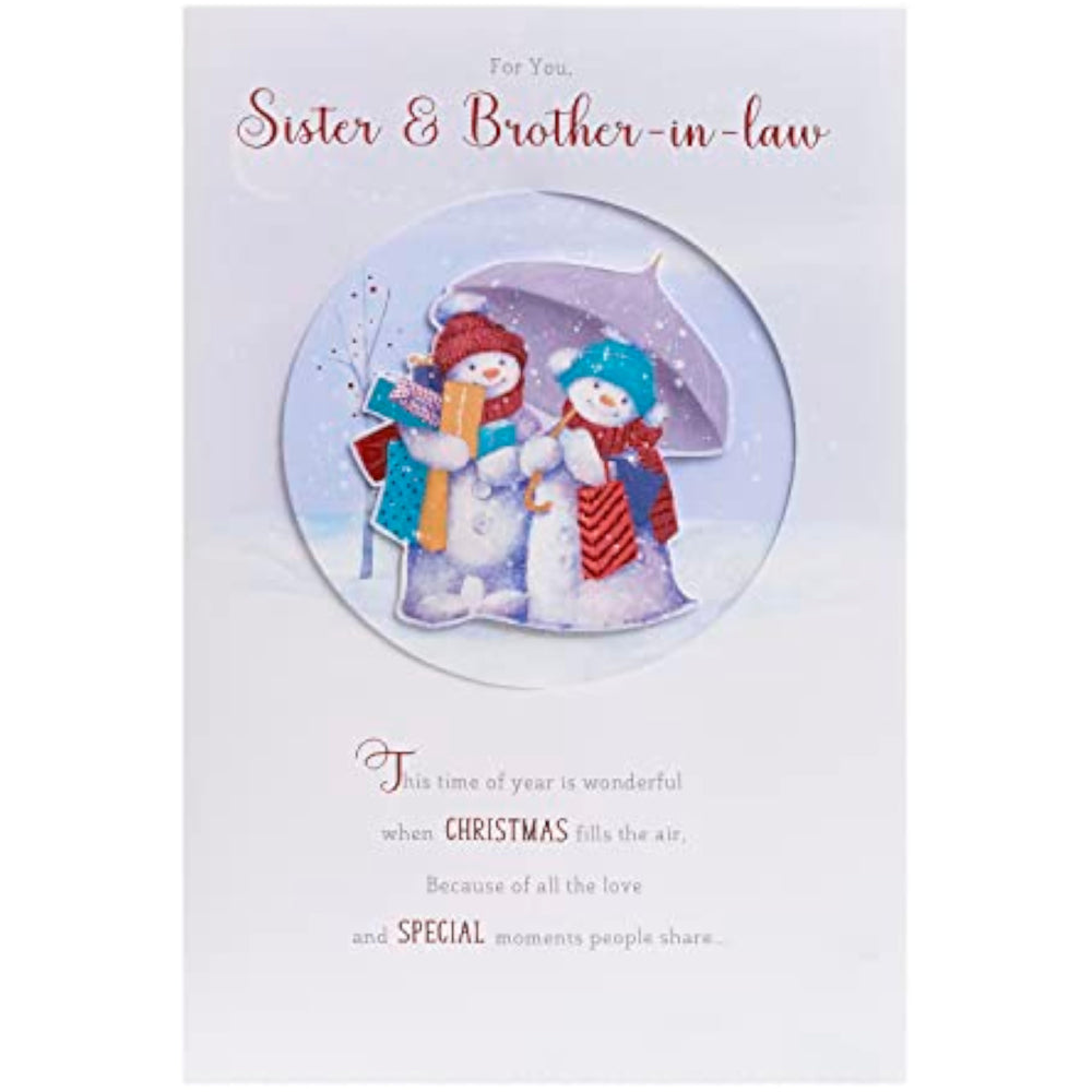 UK Greetings Christmas card for sister and brother-in-law featuring a snow couple design, perfect for holiday greetings.