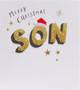 UK Greetings Christmas card for son featuring elegant gold lettering design, designed for festive holiday greetings.