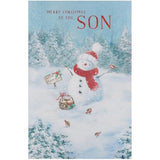 UK Greetings Christmas card for son featuring a festive snowman design, perfect for holiday greetings.