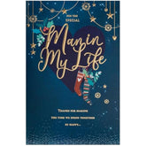 UK Greetings Christmas card for the special man featuring gold lettering and multi-colored design, measuring 165x254 mm.