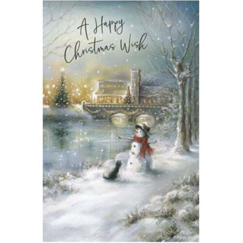 UK Greetings Christmas card featuring a snowman and dog on a riverbank, festive holiday greeting card design.