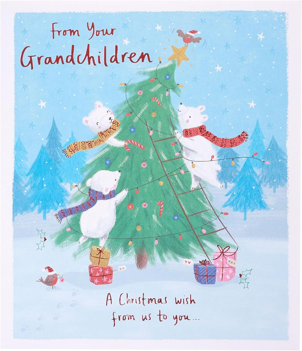 UK Greetings Christmas greeting card featuring cute polar bears and a festive tree design, perfect for grandchildren.