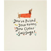 UK Greetings Clever Sausage Exams Passed Congratulations Card featuring a humorous design for celebrating exam success.