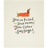 UK Greetings Clever Sausage Exams Passed Congratulations Card featuring a humorous design for celebrating exam success.