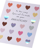 Bright UK Greetings anniversary greeting card featuring colorful hearts design for special friends, perfect for celebrating special occasions.