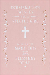 UK Greetings religious confirmation greeting card for girls featuring blessings and joyful religious imagery.