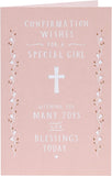 UK Greetings Confirmation religious holy card for girls, featuring blessings and joyful religious imagery.